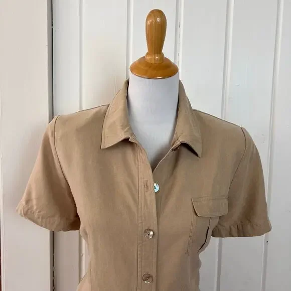 Vintage Y2K Talbots Button Front Shirt Dress Beige Midi Shell Buttons 10 - Picture 2 of 8